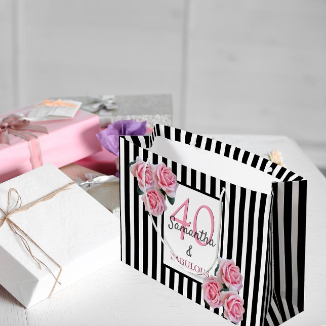40 fabulous black white stripes pink florals large gift bag (Creator Uploaded)