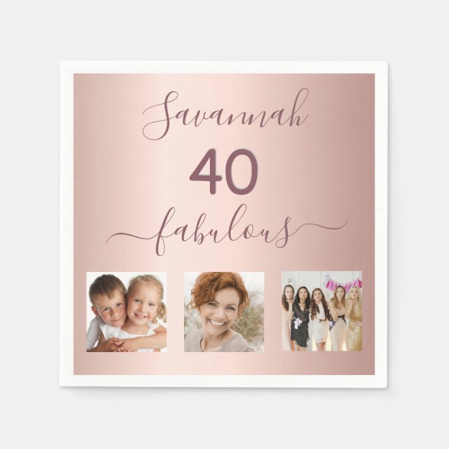 40 fabulous blush rose gold photo birthday party napkin (Front)