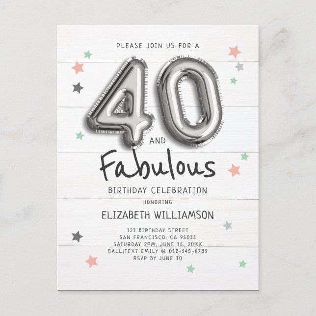 40 & Fabulous Foil Balloon Stars on Wood Birthday Invitation Postcard (Front)