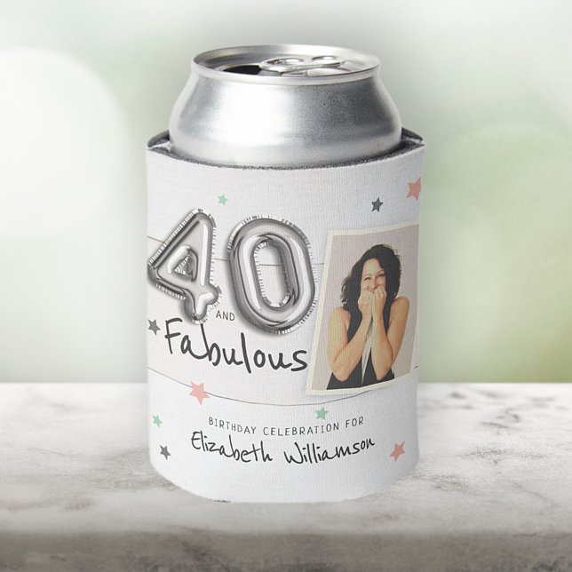 40 & Fabulous Foil Balloon Stars Photo Birthday Can Cooler (Creator Uploaded)