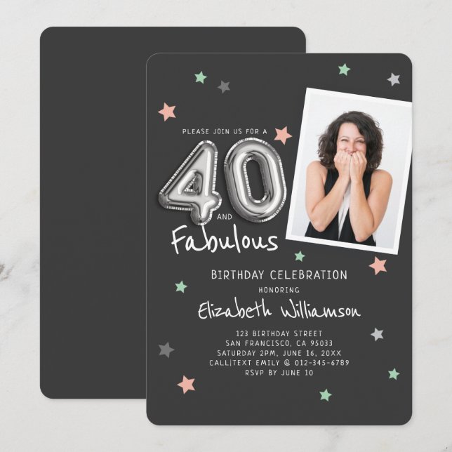 40 & Fabulous Foil Balloon Stars Photo Birthday Invitation (Front/Back)