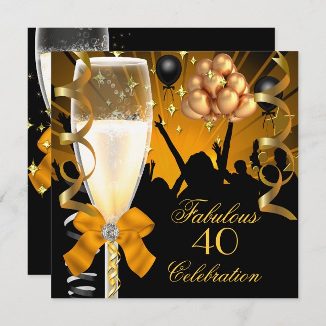 40 & Fabulous Gold Black Birthday Champagne Invitation (Front/Back)