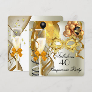 40 & Fabulous Gold Cream Black Masquerade Party Invitation