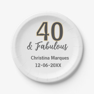 40 & fabulous gray yellow birthday calligraphy paper plate