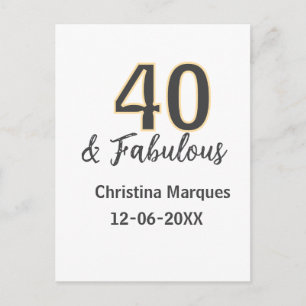 40 & fabulous grey yellow birthday calligraphy  postcard