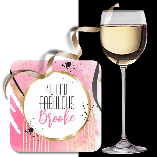 40 Fabulous Hot Pink Black Gold 40th Birthday Square Paper Coaster (Creator Uploaded)