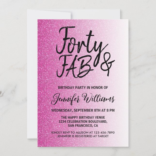 40 Fabulous Hot Pink Glitter 40th Birthday Invitation (Front)