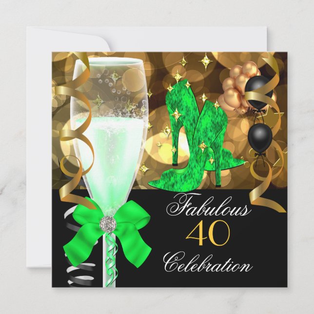 40 & Fabulous Lime Green Black Gold Birthday Party Invitation (Front)
