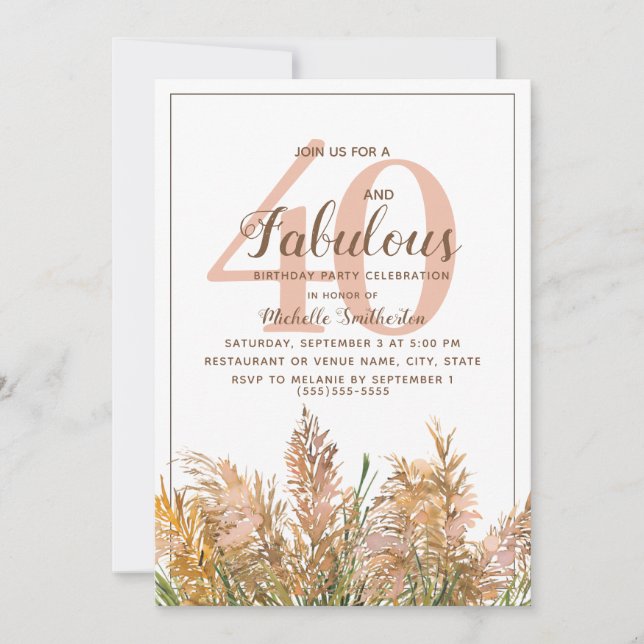40 Fabulous Pampas Grass on White Birthday Invitation (Front)
