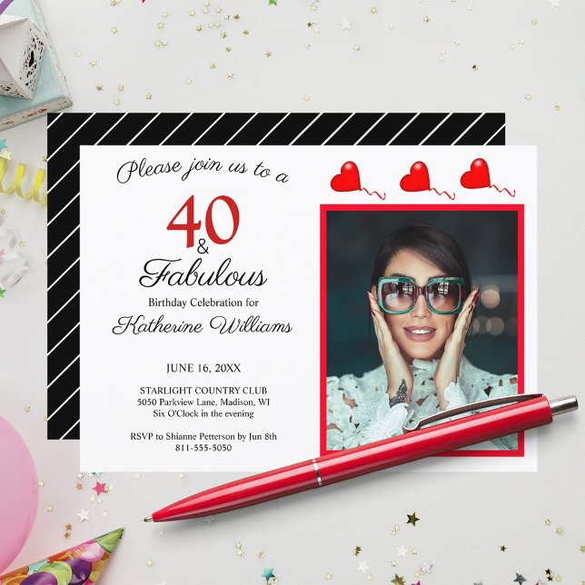 40 & Fabulous Photo Red 40th Birthday Black White Invitation (40 & Fabulous Photo Red 40th Birthday Black White Invitation)