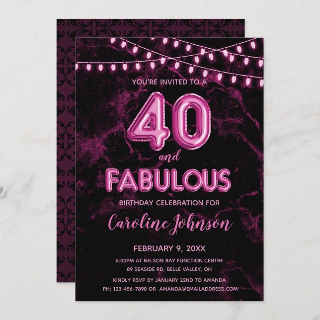40 & Fabulous Pink Balloon Birthday Invitations (Front/Back)