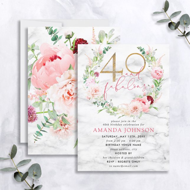 40 & Fabulous Pink & Gold Floral Marble Birthday Invitation (Creator Uploaded)