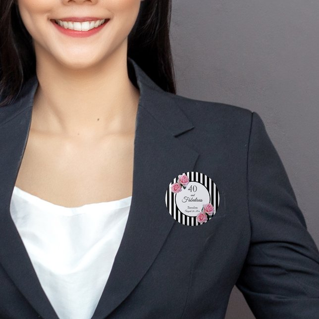 40 fabulous pink roses black white stripes 6 cm round badge (Creator Uploaded)