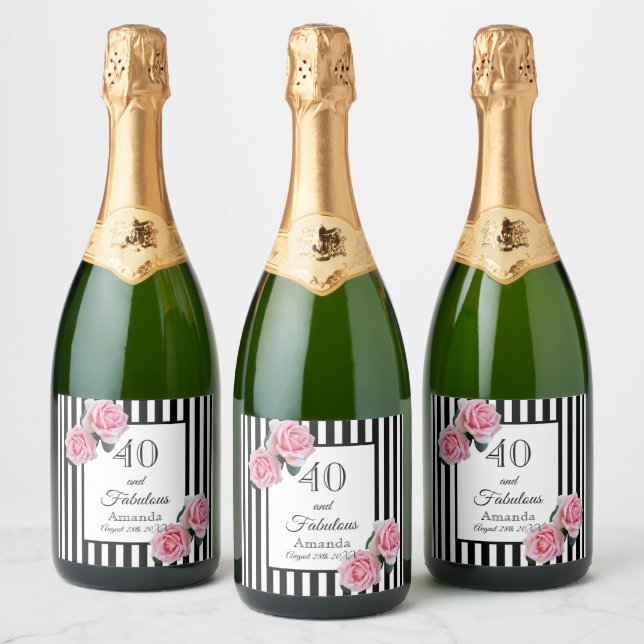 40 fabulous pink roses black white stripes sparkling wine label (Bottles)