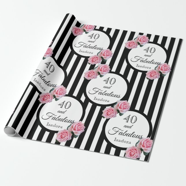 40 fabulous pink roses black white stripes wrapping paper (Unrolled)