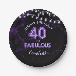 40 & Fabulous Purple Foil Balloons & String Lights Paper Plate