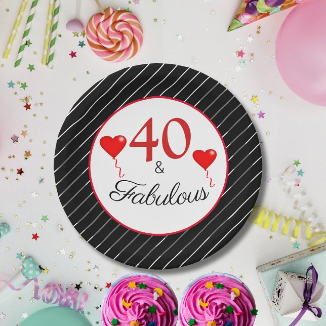 40 & Fabulous Red 40th Birthday Black White Stripe Paper Plate (40 & Fabulous Red 40th Birthday Black White Stripe Paper Plates)