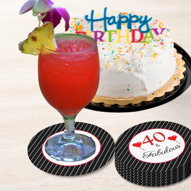 40 & Fabulous Red 40th Birthday Black White Stripe Round Paper Coaster (40 & Fabulous Red 40th Birthday Black White Stripe Round Paper Coaster)