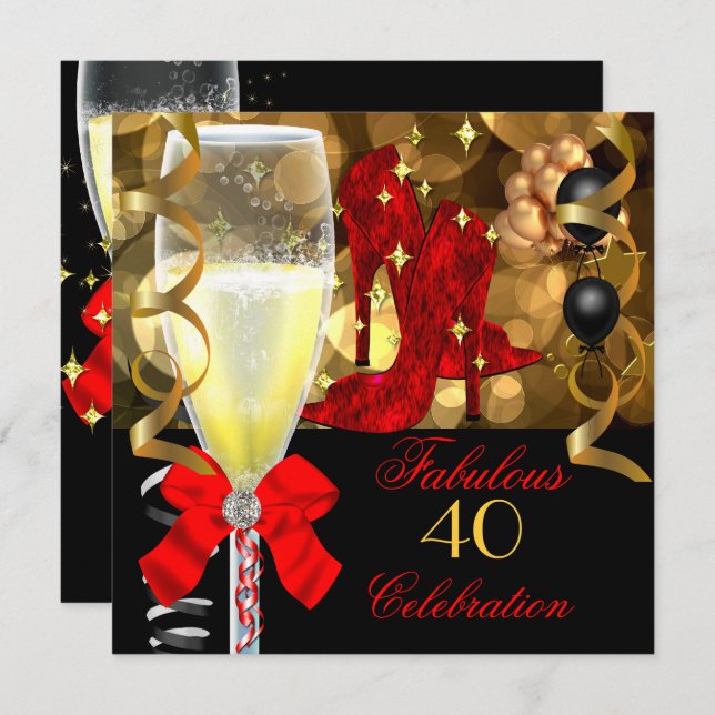 40 & Fabulous Red Black Gold Birthday Party Invitation (Front/Back)