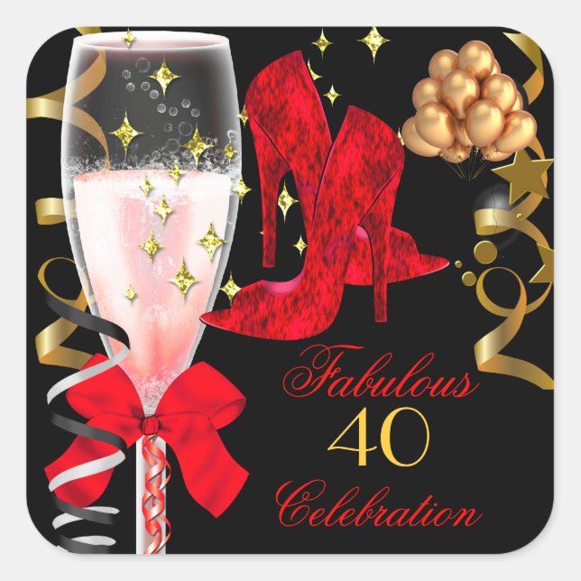 40 & Fabulous Red Black Gold Birthday Shoes Square Sticker (Front)