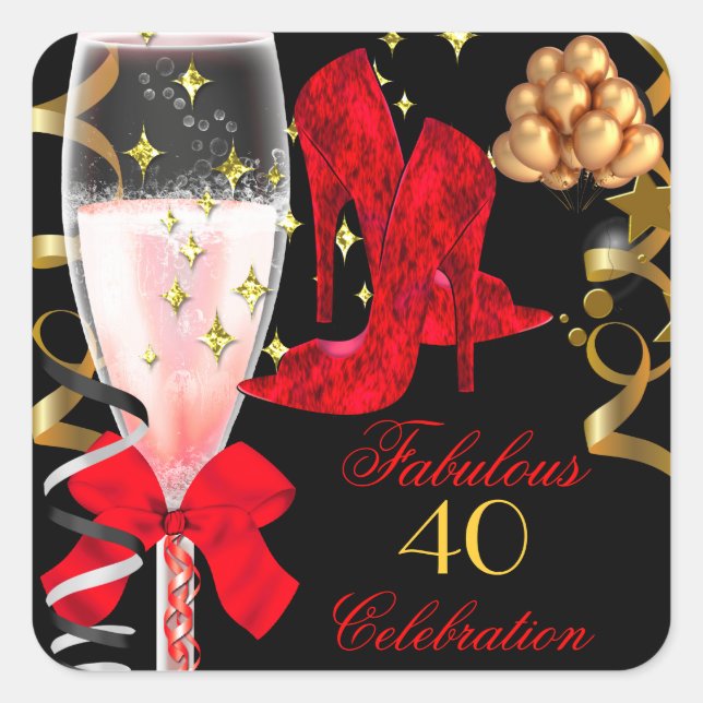 40 & Fabulous Red Black Gold Birthday Shoes Square Sticker (Front)
