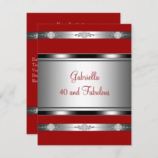 40 & Fabulous Red Silver Jewel Trim Birthday Party Invitation (Front/Back)