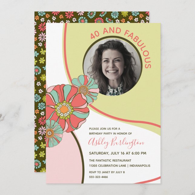 40 & Fabulous Retro Floral Photo Invitation (Front/Back)