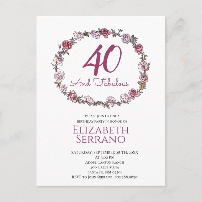 40 & Fabulous Ring Of Roses Birthday Party Invite Postcard (Front)