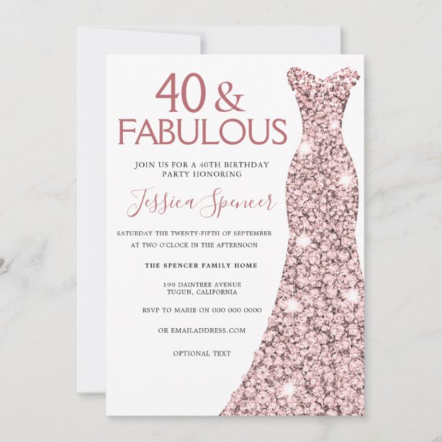 40 & Fabulous Rose Gold Dress 40th Birthday Party Invitation (Front)
