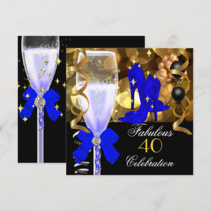 40 & Fabulous Royal Blue Black Gold Birthday Party Invitation