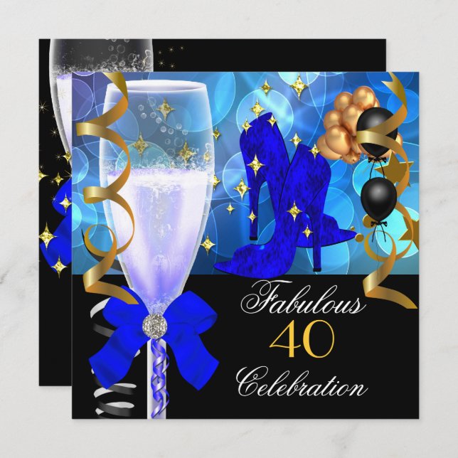 40 & Fabulous Royal Blue Black Gold Birthday Party Invitation (Front/Back)