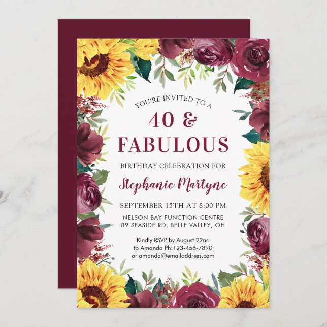 40 & Fabulous Sunflower Burgundy Rose Birthday Invitation (Front/Back)