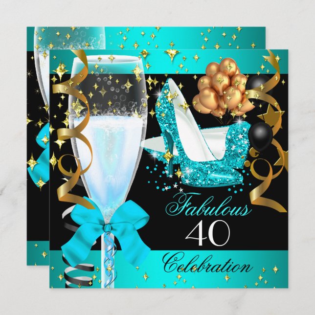 40 Fabulous Teal Blue Gold 40th Birthday Party 2 Invitation (Front/Back)