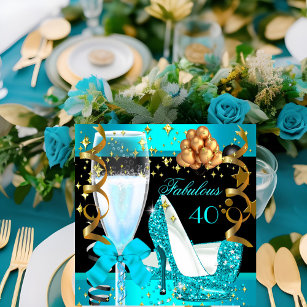 40 Fabulous Teal Blue Gold 40th Birthday Party 3 Invitation