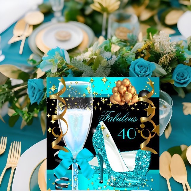 40 Fabulous Teal Blue Gold 40th Birthday Party 3 Invitation (Creator Uploaded)