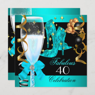 40 Fabulous Teal Blue Gold 40th Birthday Party Invitation