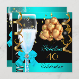 40 Fabulous Teal Blue Gold 40th Birthday Party Invitation