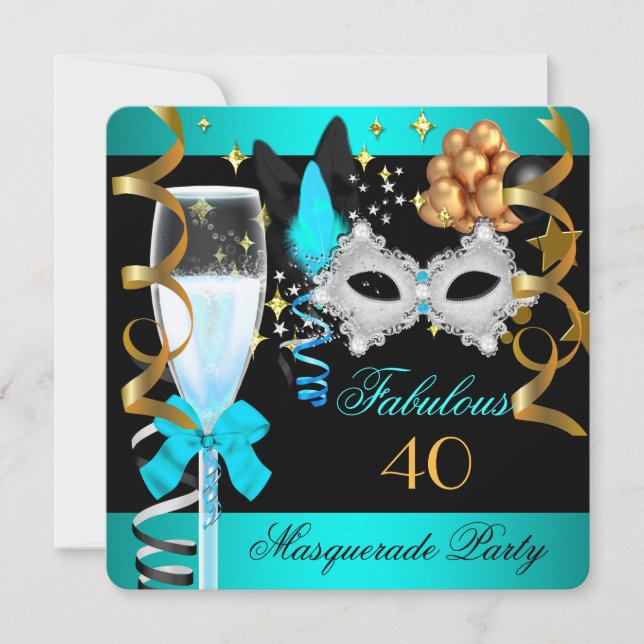 40 Fabulous Teal Blue Gold Masquerade Party Invitation (Front)