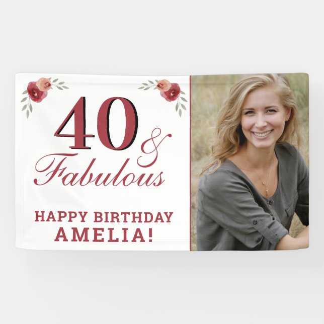 40 & Fabulous Watercolor Floral 40th Birthday Banner (Horizontal)