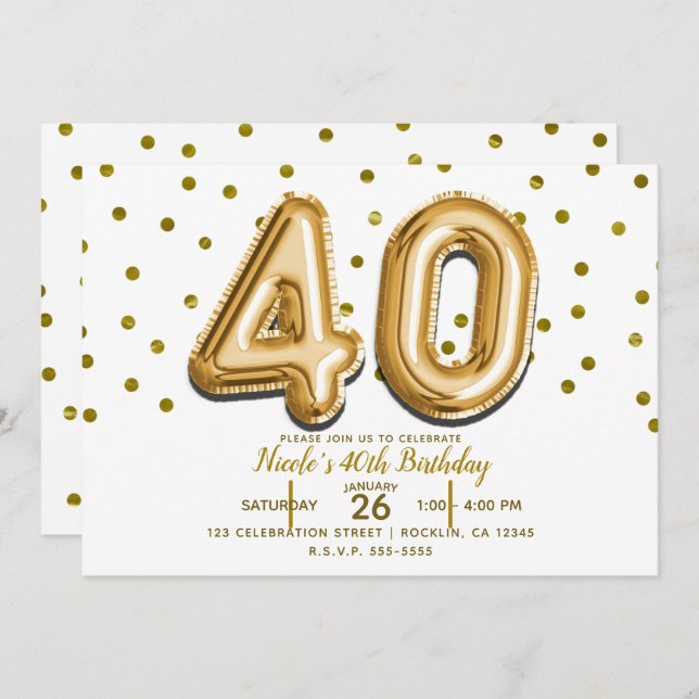 40 Gold Balloons & Confetti 40th Birthday Party Invitation (Front/Back)