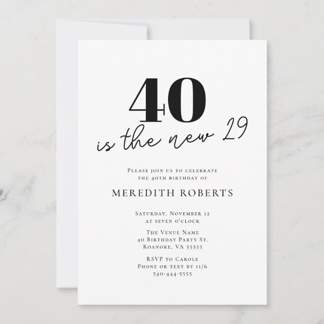 40 is the New 29 Black and White 40th Birthday Invitation (Front)