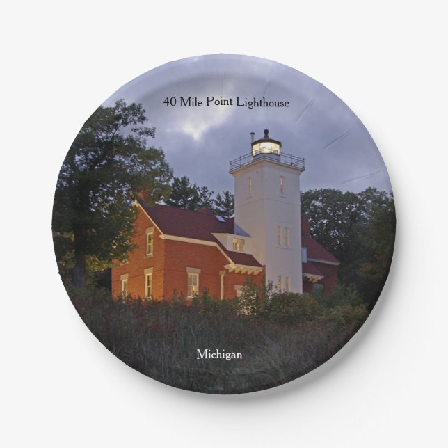 40 Mile Point Lighthouse dusk paper plate (Front)