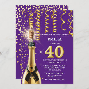 40 milestone sparkling wine purple gold glitter invitation