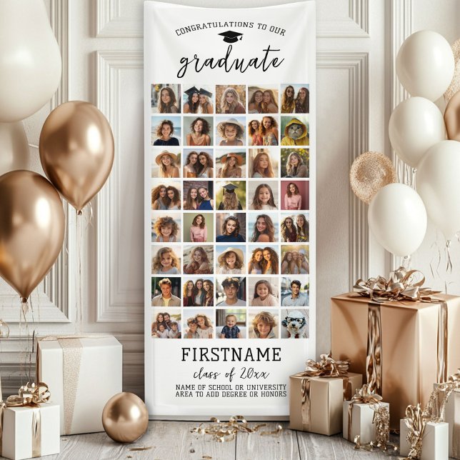 40 Photo Collage Graduation Modern Minimal White Banner (Custom Graduation Banner - Great for a backdrop or Grad Party Decoration)