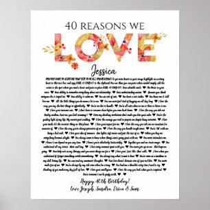 40 reasons we love you birthday gift mom sister poster
