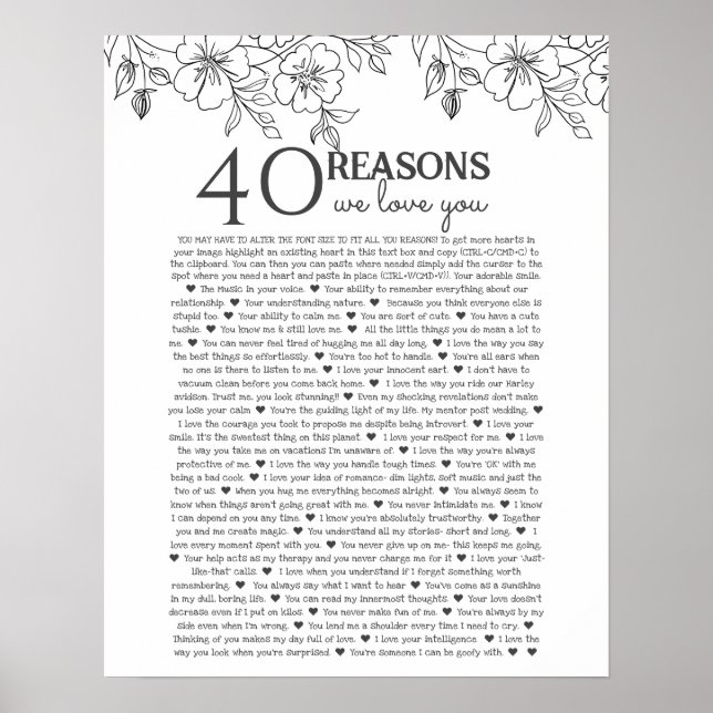 40 reasons why we love you floral line drawing poster (Front)
