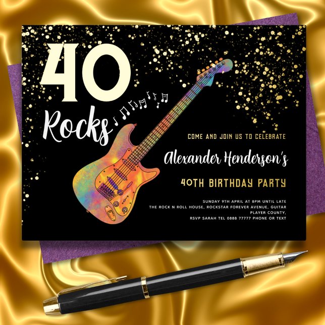 40 Rocks Birthday Party Black and Gold Glitter Foil Invitation Postcard (40 rocks black and gold glitter guitar music modern 40th birthday party invitation )