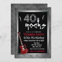 40 Rocks Rockstar Guitar 40th Birthday Invitation