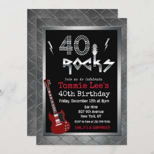 40 Rocks Rockstar Guitar 40th Birthday Invitation
