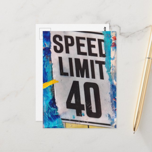 40 Speed Limit mixed media collage Postcard (Front/Back In Situ)